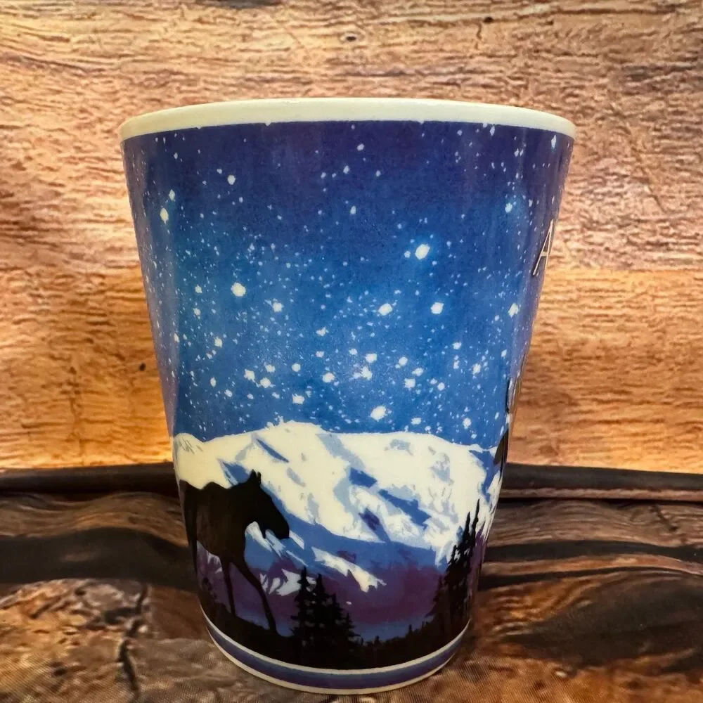 Alaska Moose Mug Blue White 15oz Ceramic Starry Night Mountains Souvenir
